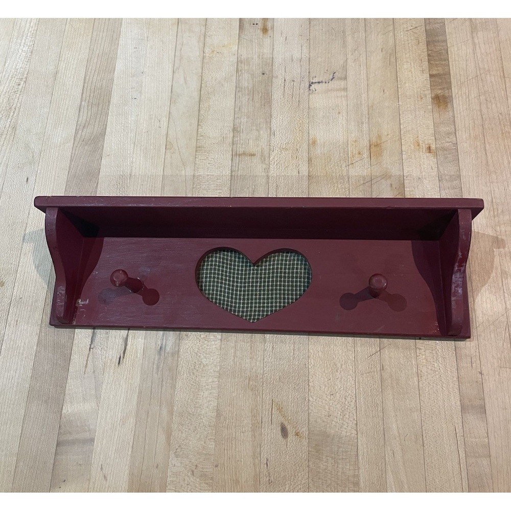 Rustic Red Wood Shelf Heart Cutout Country Cottagecore 12" With Pegs Green Cloth